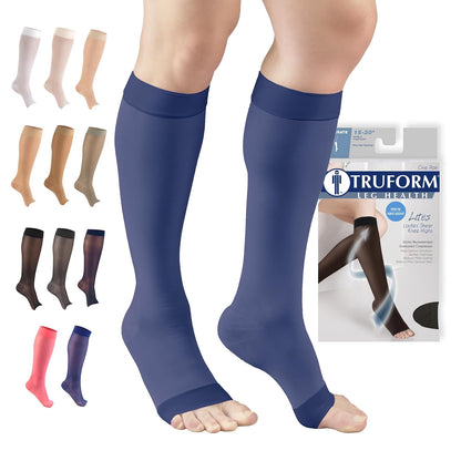 Truform - Medias de compresión transparentes para mujer, longitud hasta la rodilla, puntera abierta, 20 denier, azul, talla 3XL