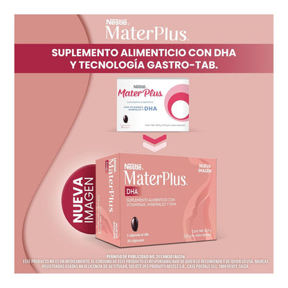 Mater Plus Suplemento Alimenticio Con Vitaminas, Minerales y DHA Caja 30 Cápsulas