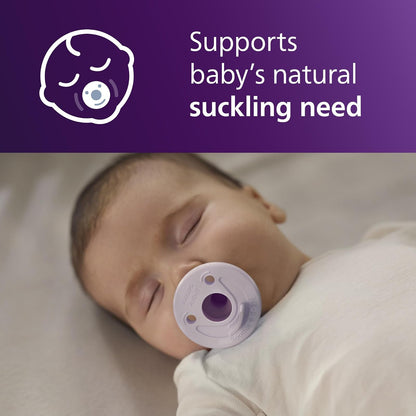 Philips Avent Soothie Chupones ortodónticos para bebés, chupones 100% silicona, de una pieza, sin BPA, para bebés de 0 a 3 meses, 2 lilas y 2 rosas, paquete de 4, modelo SCF190/70