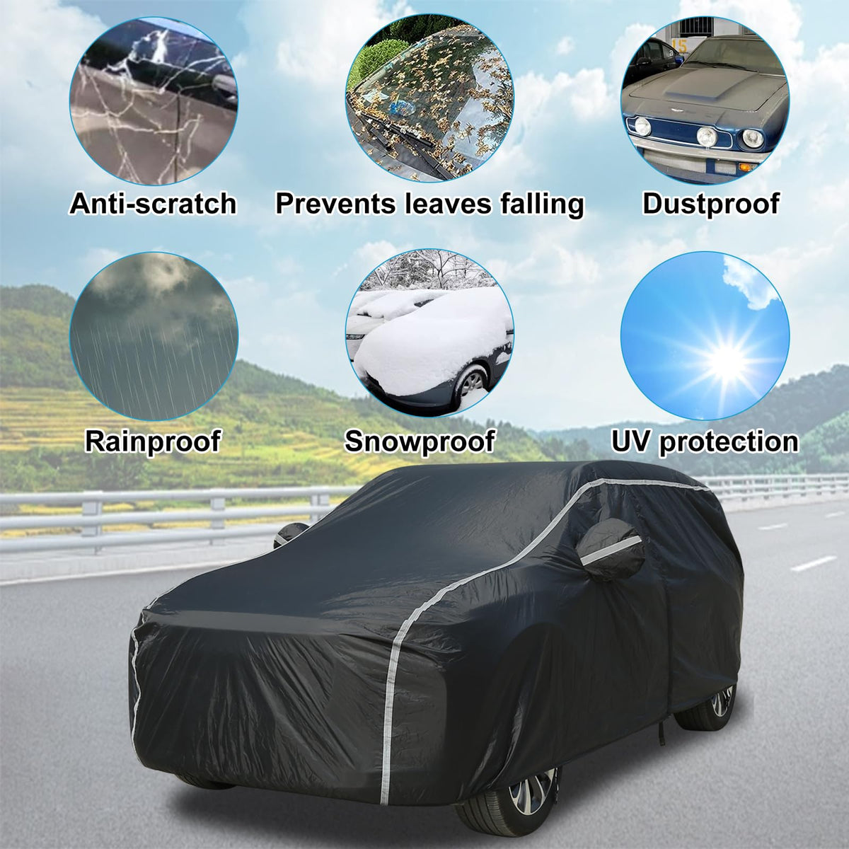 Coverado - Funda impermeable para automóvil todoterreno para todo tipo de clima, protección contra granizo con puerta con cierre, respaldo de algodón, protección UV, resistente al viento, ajuste universal
