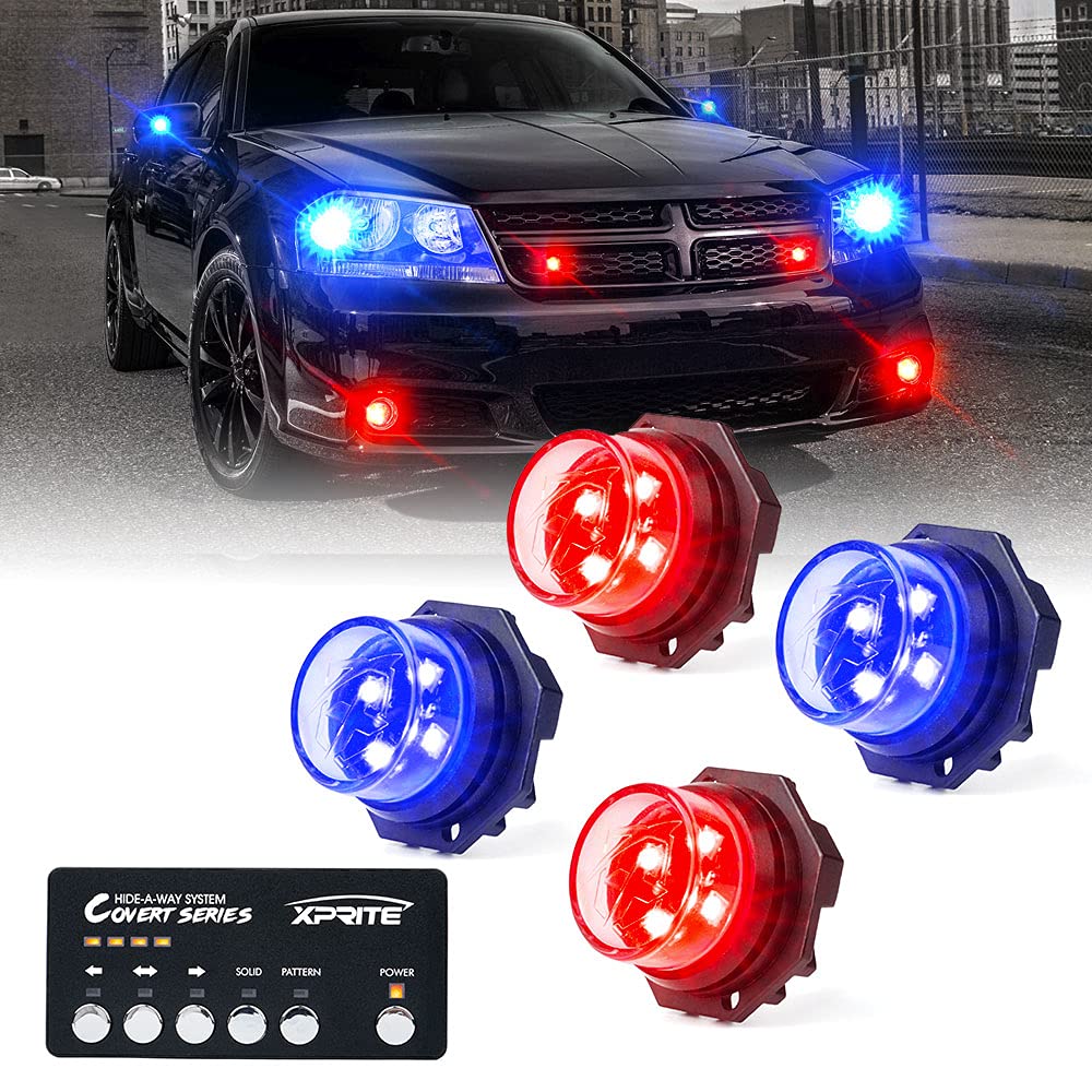 Xprite Kit de Luces LED Estroboscópicas para Vehículos de Emergencia, 6 Piezas - 4 Light Heads - rojo azul