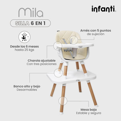 INFANTI | Silla para Bebe Alta 3 en 1 MILA | Convertible para Bebes de 6 Meses a 25 kg | Arnés de 5 Puntos y Charola Ajustable - Fácil de Limpiar y Ligera | Color Beige