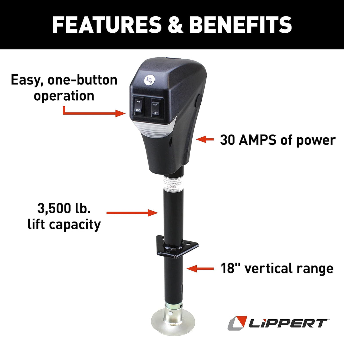 Lippert Power Tongue Jack - Marco en Forma de A, 3.5 Libras. Carrera de 18 Pulgadas, Almohadilla de pie de 5.4 Pulgadas, Carcasa Texturizada Duradera, anulación Manual de manivela de Emergencia,