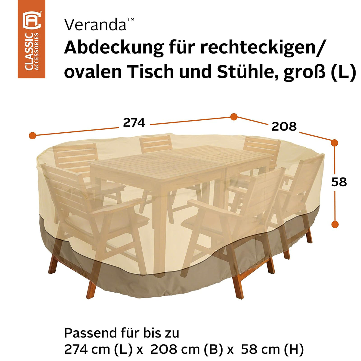 Classic Accessories 70932 - Juego de Mesa y Silla para Patio, Ovalada, Rectangular, Resistente al Agua, Funda para Muebles de Exterior, Piedra Grande, hasta 108 Pulgadas de Largo