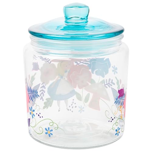 Silver Buffalo Disney Alicia en el País de las Maravillas Tarro de Vidrio | 30 oz, flores y champiñones, tapa azul, vidrio de alta calidad, solo lavado a mano