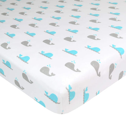 American Baby Company Sábana Ajustable de Algodón para Mini Cuna - Ballenas turquesa - 24"x38" (Pack of 1)