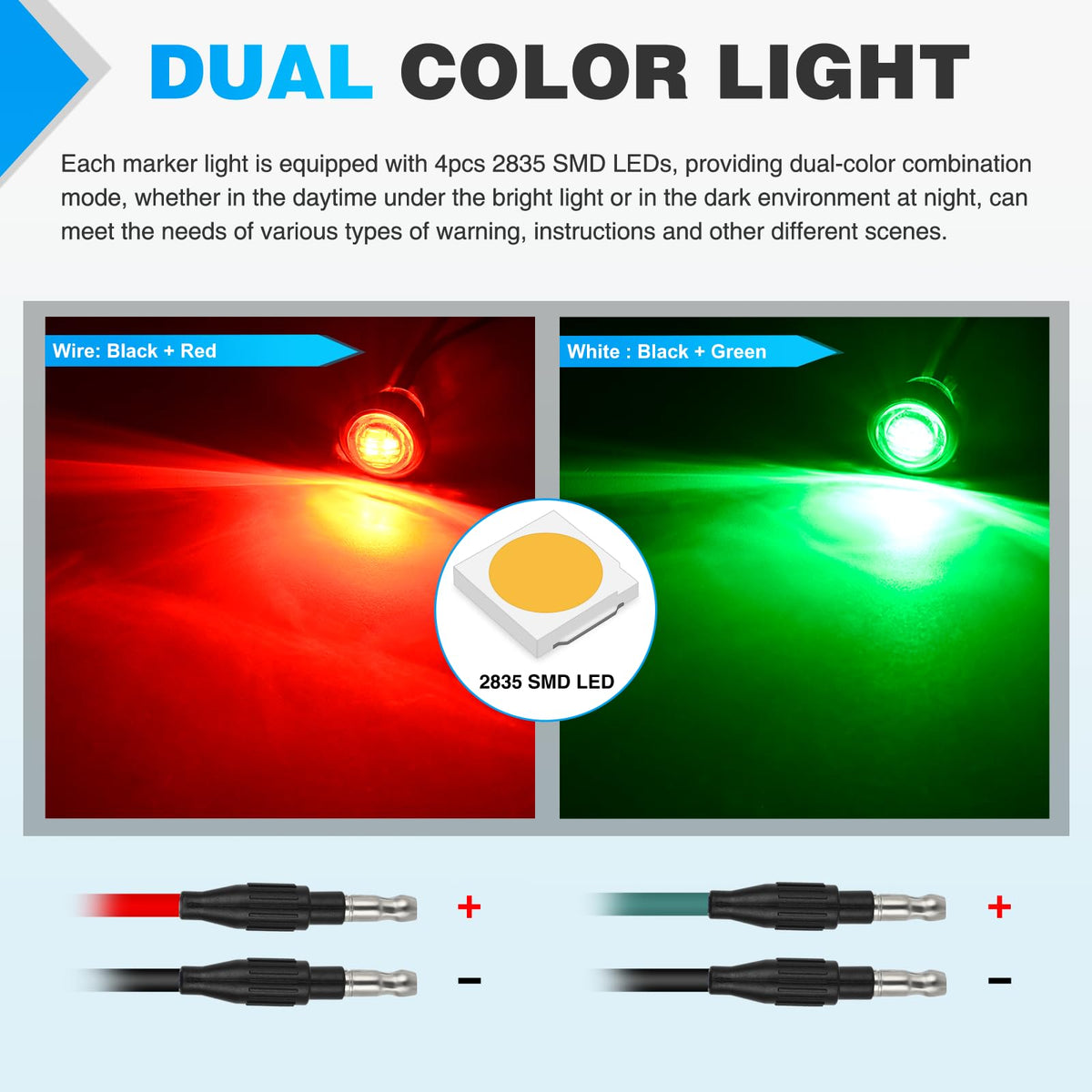 Nilight 3/4" Dual Color Marker Light 10PCS Red to Green Brake Auxiliary Side Marker Clearance Indicator Bullet Lights 3 Plug IP68 Waterproof for Trailer Truck Pickup Camper RV ATV UTV Van Bus