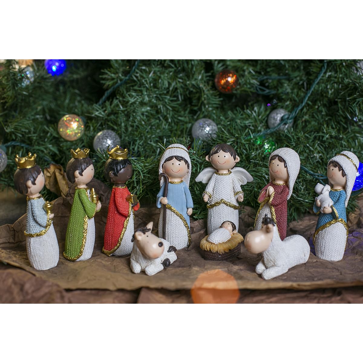 Running Decora | Nacimiento | Blanco, Dorado y Colores | Adornos Navideños | 10 Piezas | 13 cm