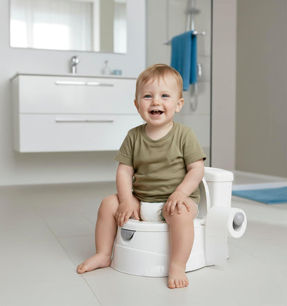 PRINSEL | Nica Entrenadora | Bañito Entrenador para Bebé | Mini Toilet- Unisex | Blanco | De 18 a 36 Meses, Con Portarollo | Artículos para Bebés