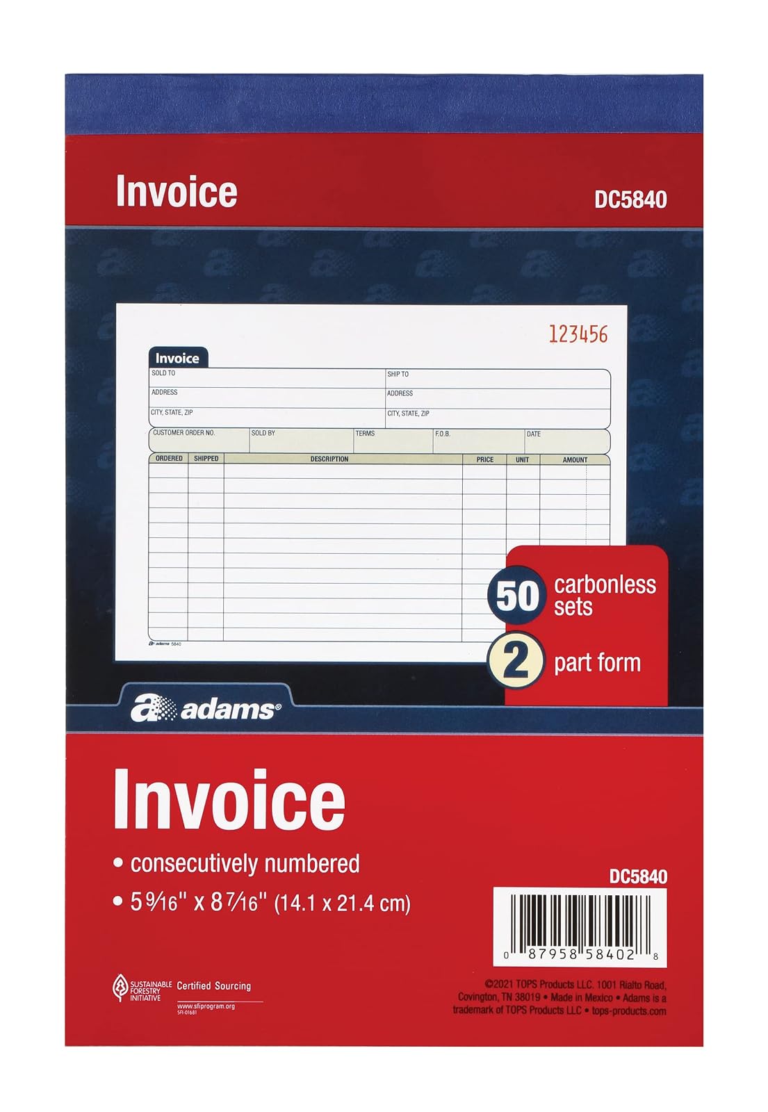 Adams DC5840-3 Libro de Facturas de Dos Partes, Pack de 3, 150 Facturas sin Carbono, Horizontal 14 x 21 cm