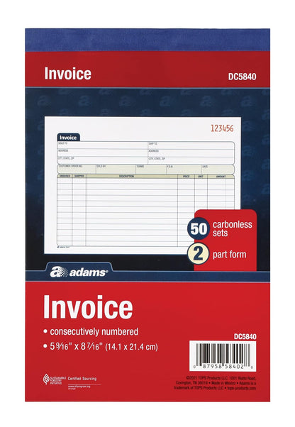 Adams DC5840-3 Libro de Facturas de Dos Partes, Pack de 3, 150 Facturas sin Carbono, Horizontal 14 x 21 cm