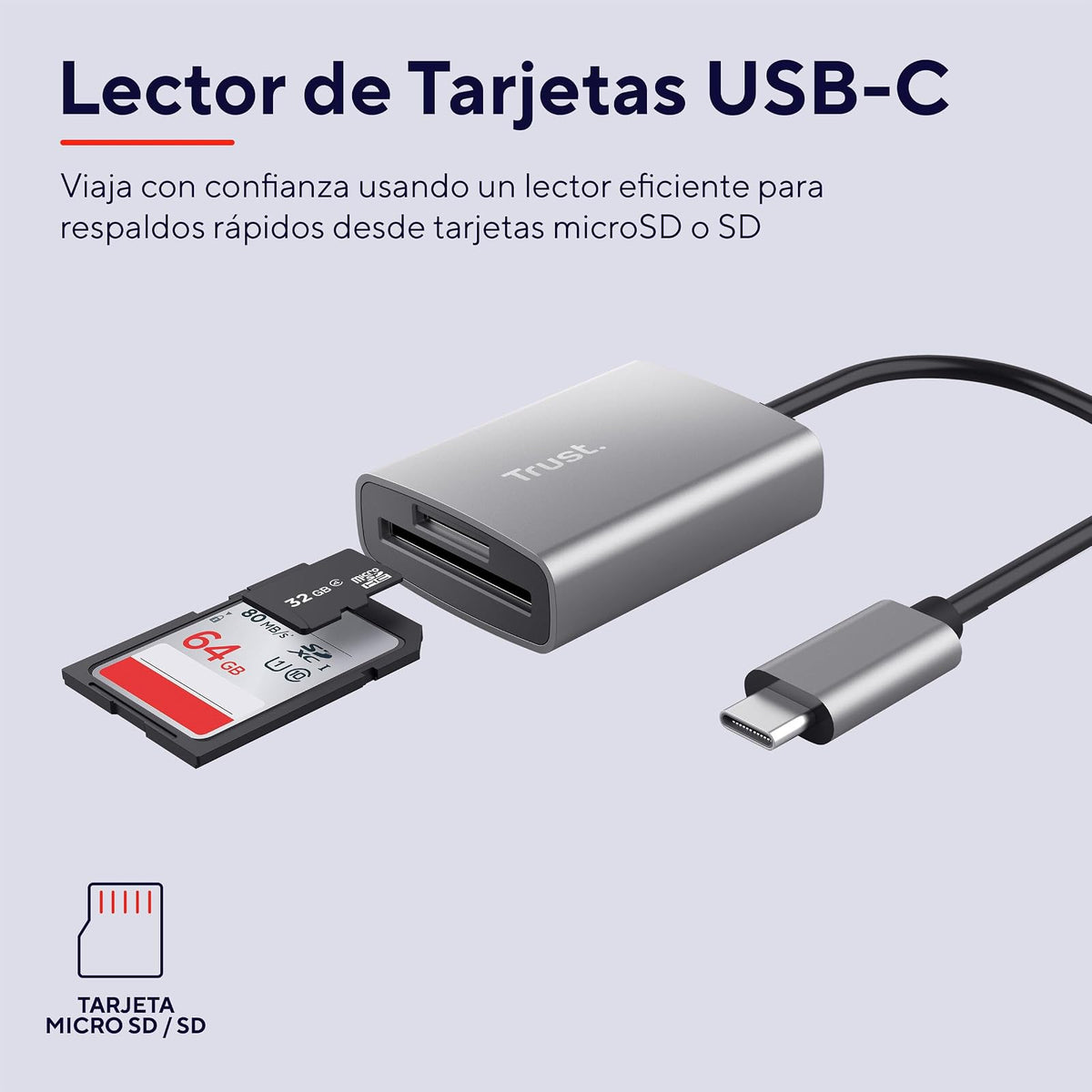 Trust Dalyx Lector de Tarjetas USB-C – Rápido USB 3.2 Gen 1, Compatible con SD/MicroSD/SDHC/SDXC hasta 2 TB, Velocidad 104 MB/s, para PC, MacBook, Laptop y Chromebook