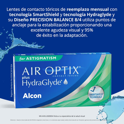 Air Optix plus HydraGlyde para Astigmatismo, 6 lentes, Dioptrías 2.25, Cylinder Axis 30, Corrección del cilindro -1.75