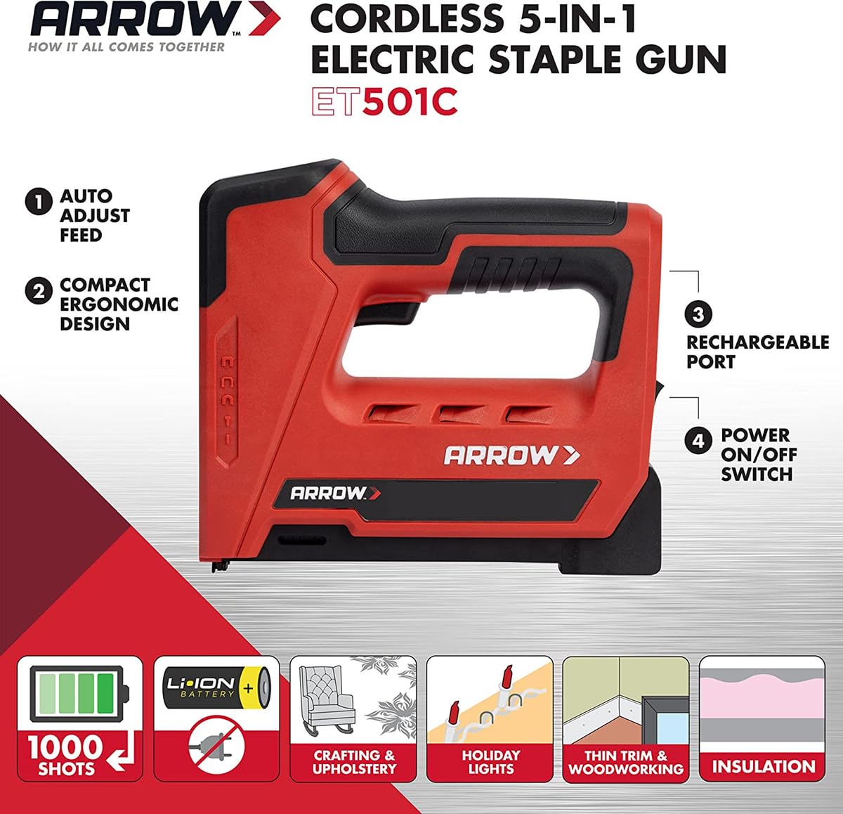Arrow ET501C - Pistola profesional inalámbrica 5 en 1 para grapas y uñas, grapadora de alambre con pilas y clavadora para tapicería, enmarcado, techos, manualidades, valla, cable, negro/rojo