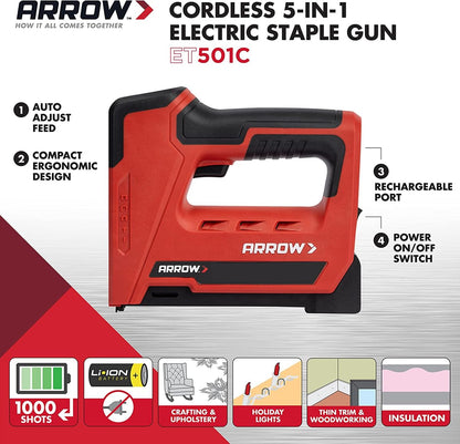 Arrow ET501C - Pistola profesional inalámbrica 5 en 1 para grapas y uñas, grapadora de alambre con pilas y clavadora para tapicería, enmarcado, techos, manualidades, valla, cable, negro/rojo