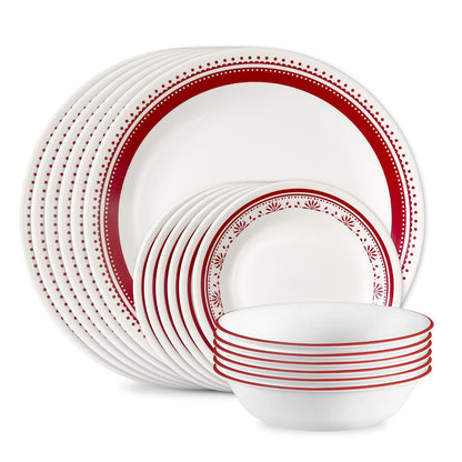 Corelle Everyday - Juego de vajilla de 18 piezas, servicio para 6, duradero y ecológico, juego de platos y cuencos de vidrio de borde superior, apto para microondas y lavaplatos, Sadie