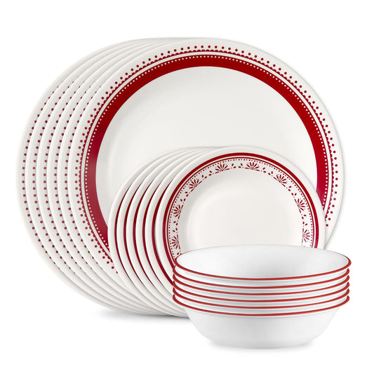 Corelle Everyday - Juego de vajilla de 18 piezas, servicio para 6, duradero y ecológico, juego de platos y cuencos de vidrio de borde superior, apto para microondas y lavaplatos, Sadie