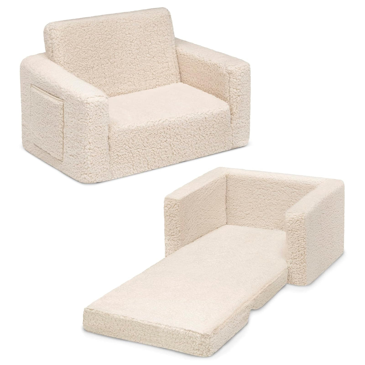 Delta Children Silla Cozee Flip-out Sherpa Convertible 2 en 1 en Sillón Reclinable para Niños - Color: Crema