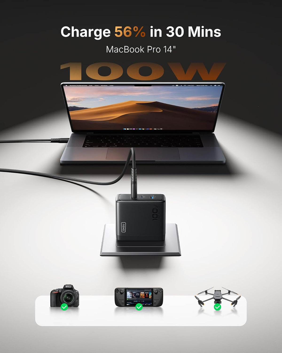 INIU 100W Cargador Tipo C, 3-Puertos Laptop Cargador Rápido con 1.5m Cable | 30% Más Pequeño, Plegable, Tecnología GaN, Cargador de Viaje para MacBook Pro, iPad, iPhone 17 16, Samsung S26, Switch etc