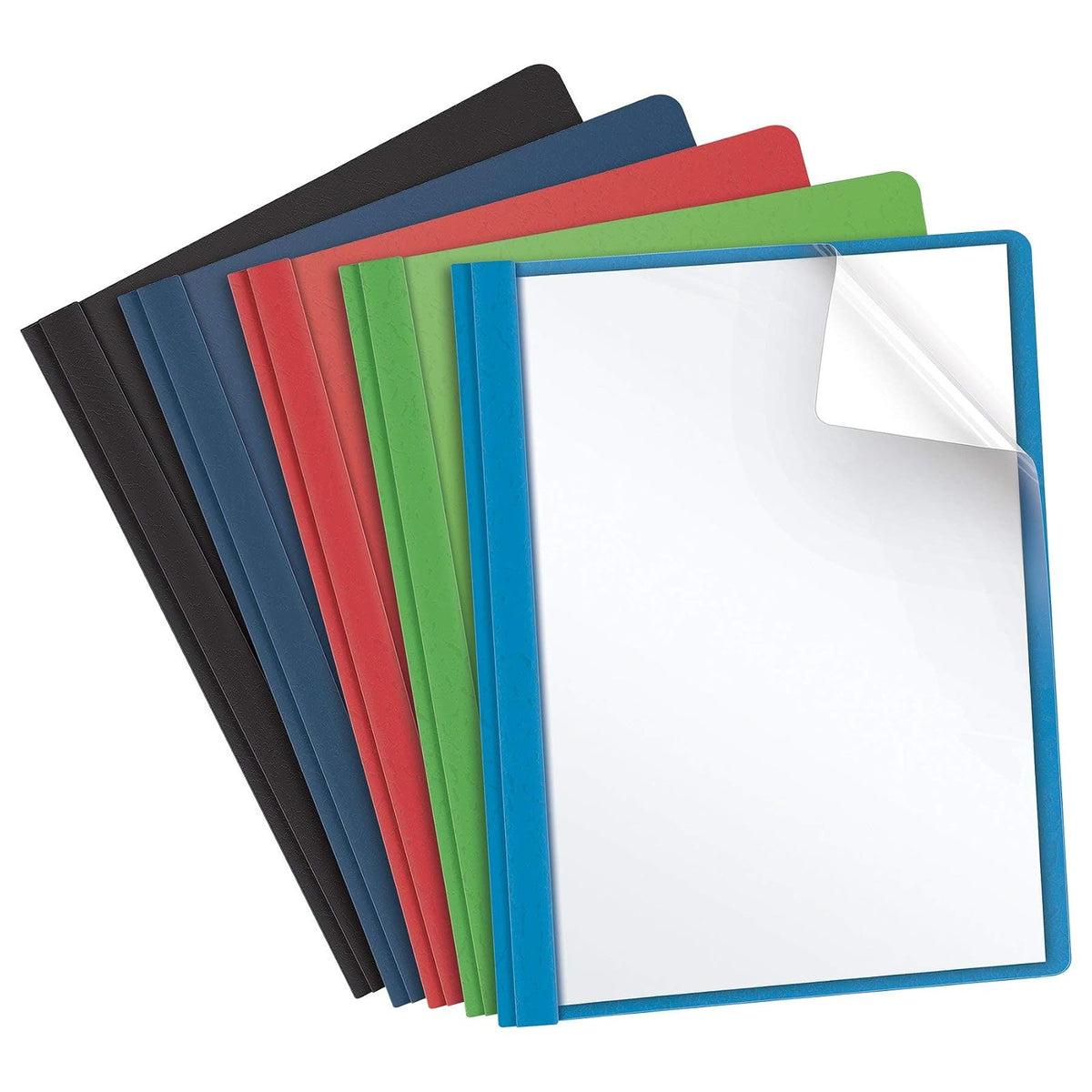 Oxford Fundas transparentes para informes con respaldo de cuero sintético, 25 por caja, Claro, Transparente - Colores surtidos: rojo, negro, verde, azul claro, azul
