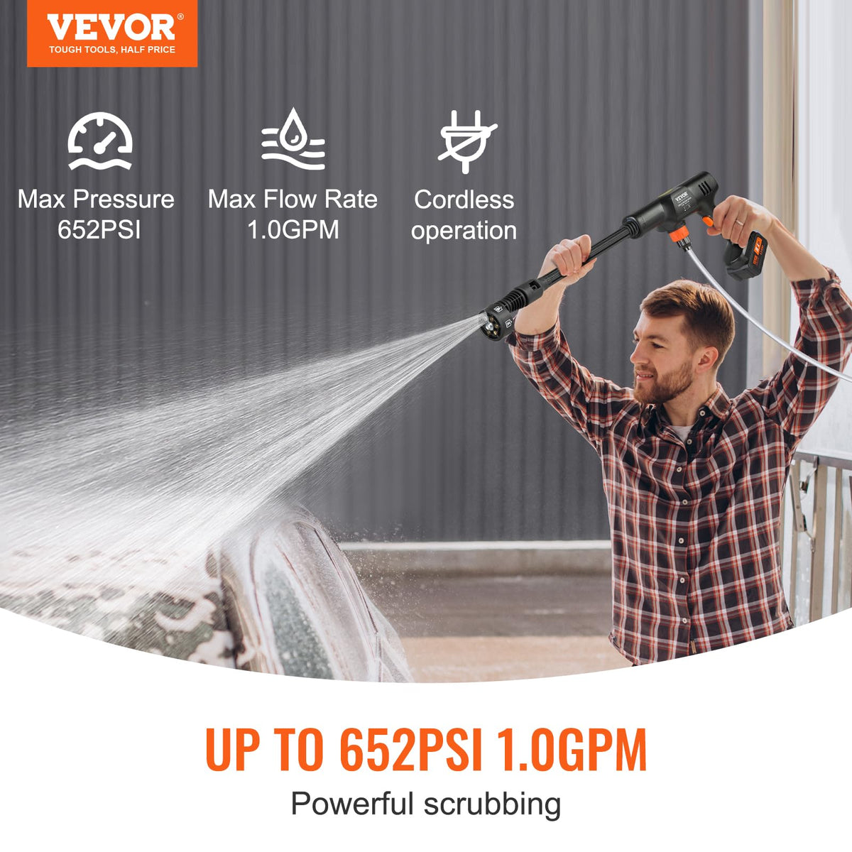 VEVOR Hidrolavadora inalámbrica, 652 PSI, 1.0 GPM, limpiadora de Alta presión portátil, Pistola de Lavado de Autos de Mano con batería de 4.0 Ah, Cargador, Boquilla 6 en 1, para Pisos y del hogar