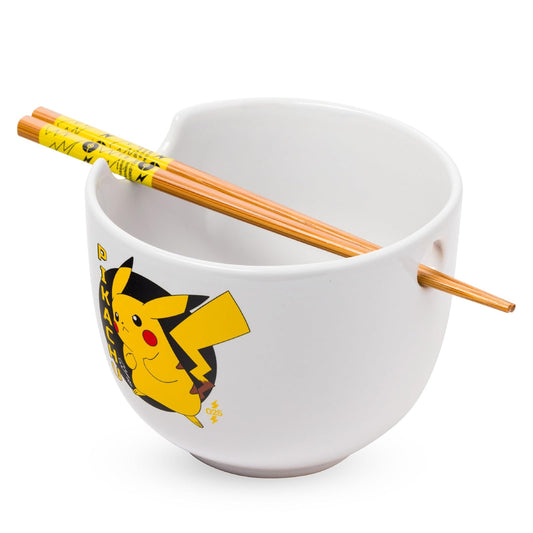 Silver Buffalo Pokemon Pikachu - tazón de arroz con palillos de cerámica para fideos Ramen, apto para microondas, 20 onzas