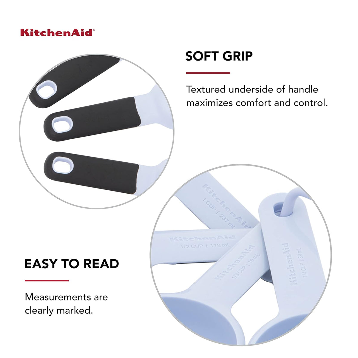 KitchenAid - Juego universal de tazas y cucharas medidoras fáciles de leer con mango suave para un máximo control, agujero para colgar y anidar para un fácil almacenamiento, apto para lavaplatos, 9