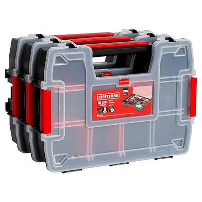 CRAFTSMAN Organizador de almacenamiento, organizador de piezas pequeñas, paquetes de 3 con 10 compartimentos, tapa incluye cierre seguro (CMST60964M)