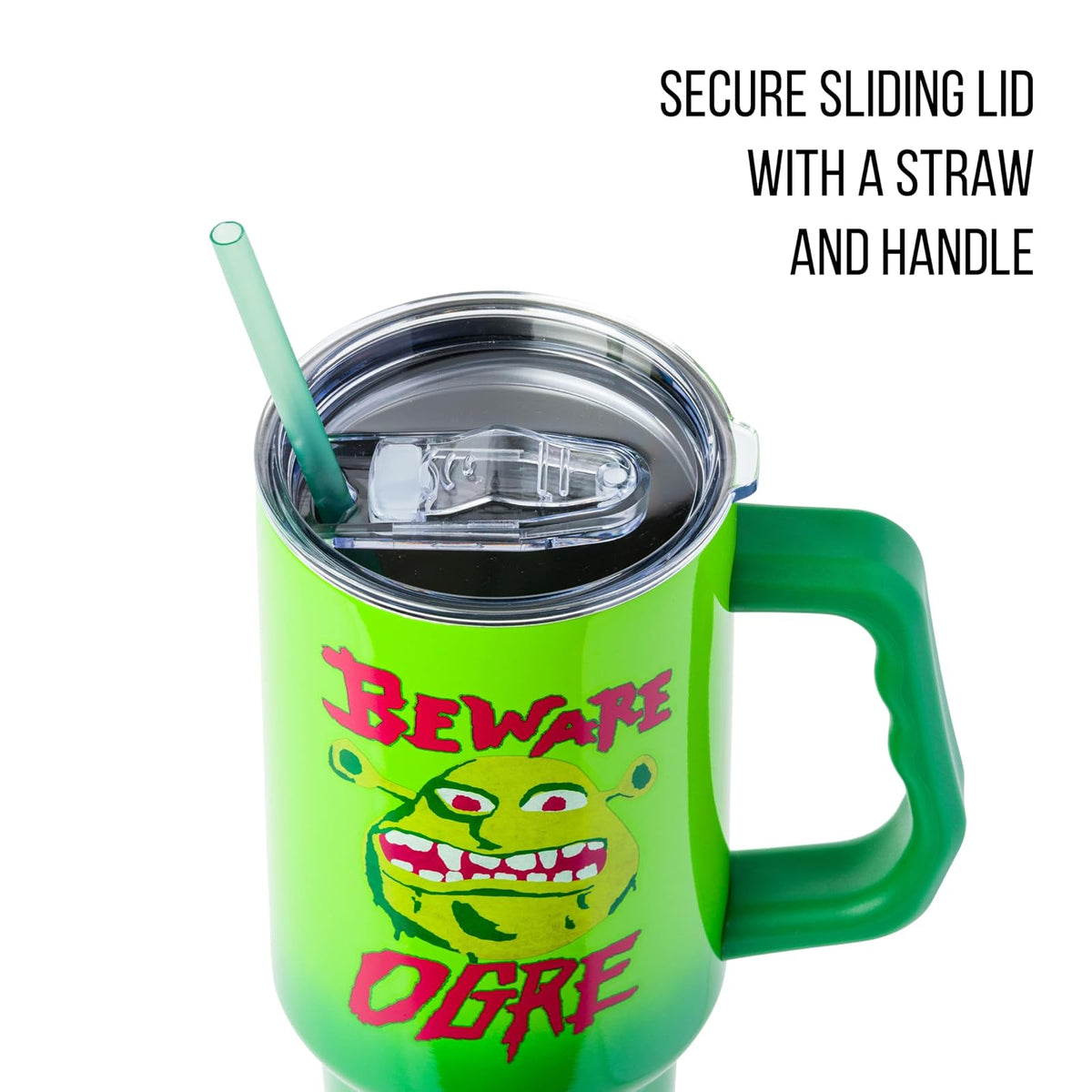Silver Buffalo Shrek Beware - Vaso de acero inoxidable con mango y popote, se adapta a portavasos estándar, 40 onzas