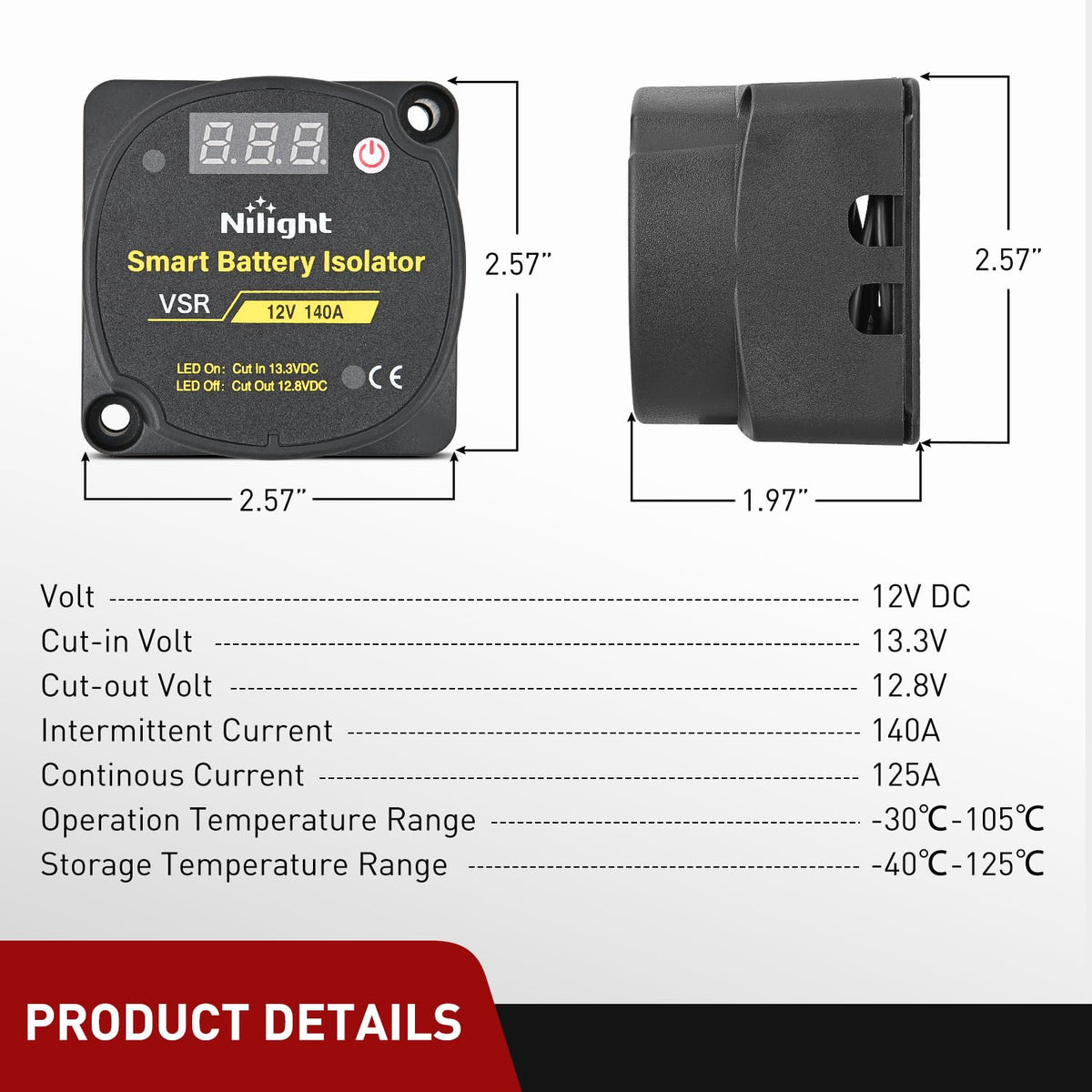 Nilight Aislador de Batería Dual 140 AMP 12V con Voltímetro Digital | IP66 impermeable VSR cuenta con una visualización LED en vivo, carga automática (13.3V/12.8V) y kit de hardware