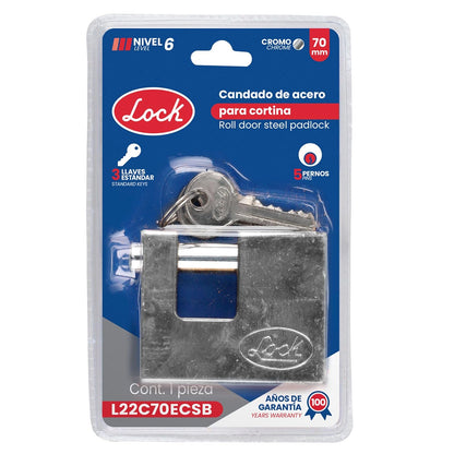 Lock L22C70ECSB Candado de acero para cortina metálica 70 mm, cromo satinado, llave estándar