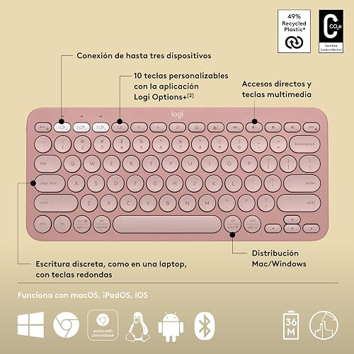 Logitech Pebble Keys 2 K380s, Teclado Bluetooth multidispositivo, accesos directos, estilizado y Portable, Easy-Switch, Windows, macOS, iPadOS, Android, ChromeOS - Rosa