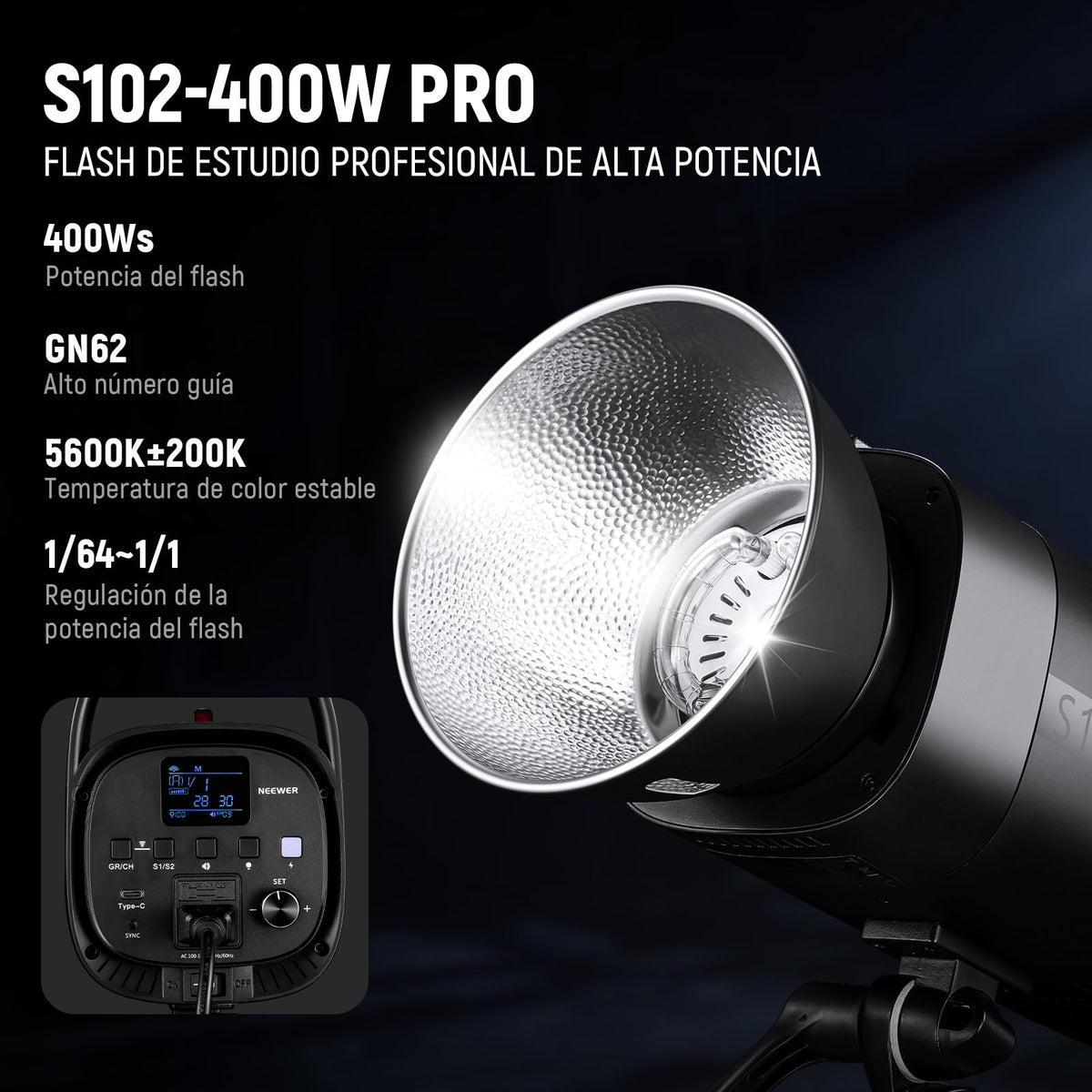 NEEWER S102-400W Pro Fash Luz Strobe con Disparador 2.4G, 400Ws GN62 5600K con 30W Lámpara de Modelar LED Reflector Montaje Bowens Modo S1/S2 Ventilador para Fotografía Productos,Compatible con QPRO