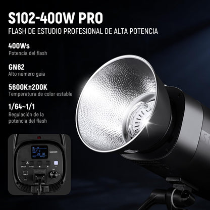 NEEWER S102-400W Pro Fash Luz Strobe con Disparador 2.4G, 400Ws GN62 5600K con 30W Lámpara de Modelar LED Reflector Montaje Bowens Modo S1/S2 Ventilador para Fotografía Productos,Compatible con QPRO