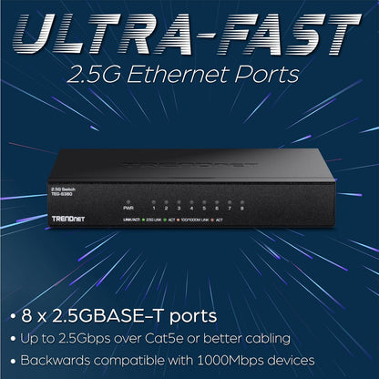 TRENDnet Switch Gamer 2.5G no Administrado de 8 Puertos TEG-S380, Capacidad 40Gbps, Compatible NDAA/TAA, Sin Ventilador