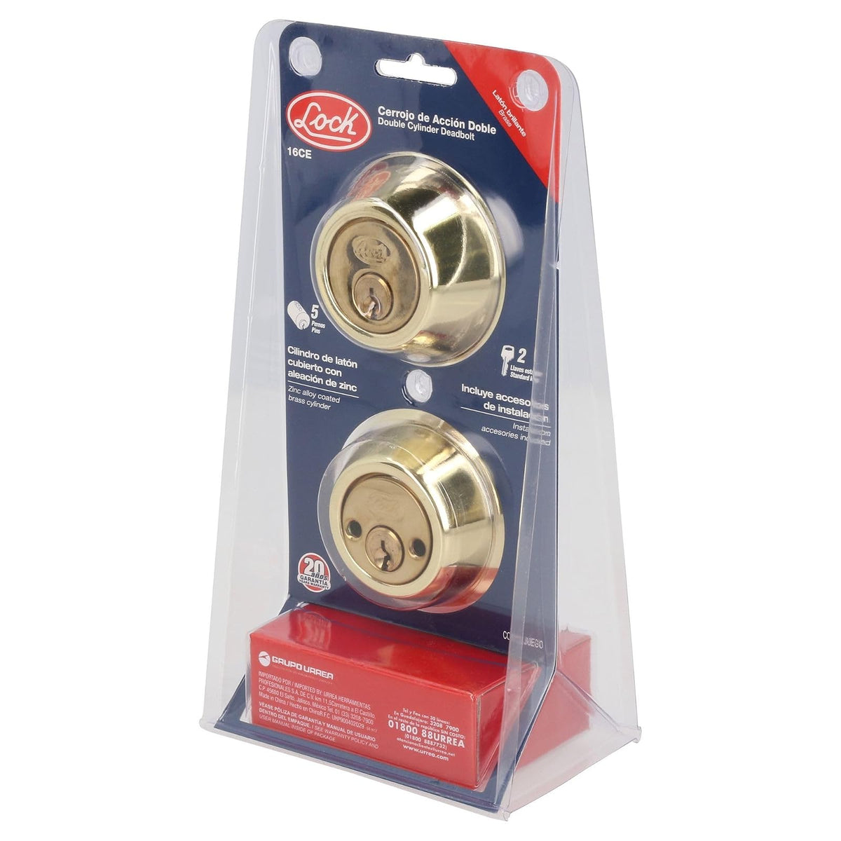 Lock 16CE Cerrojo Tubular Doble Acabado, Latón Brillante