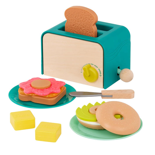 B. toys Mini Chef, Juego de Desayuno con tostadora y Sonidos Pop-up | Juego de desayuno de 14 piezas con tostadora, tostadas, bagels, platos, mantequilla, cuchillo y coberturas, 3 años y +