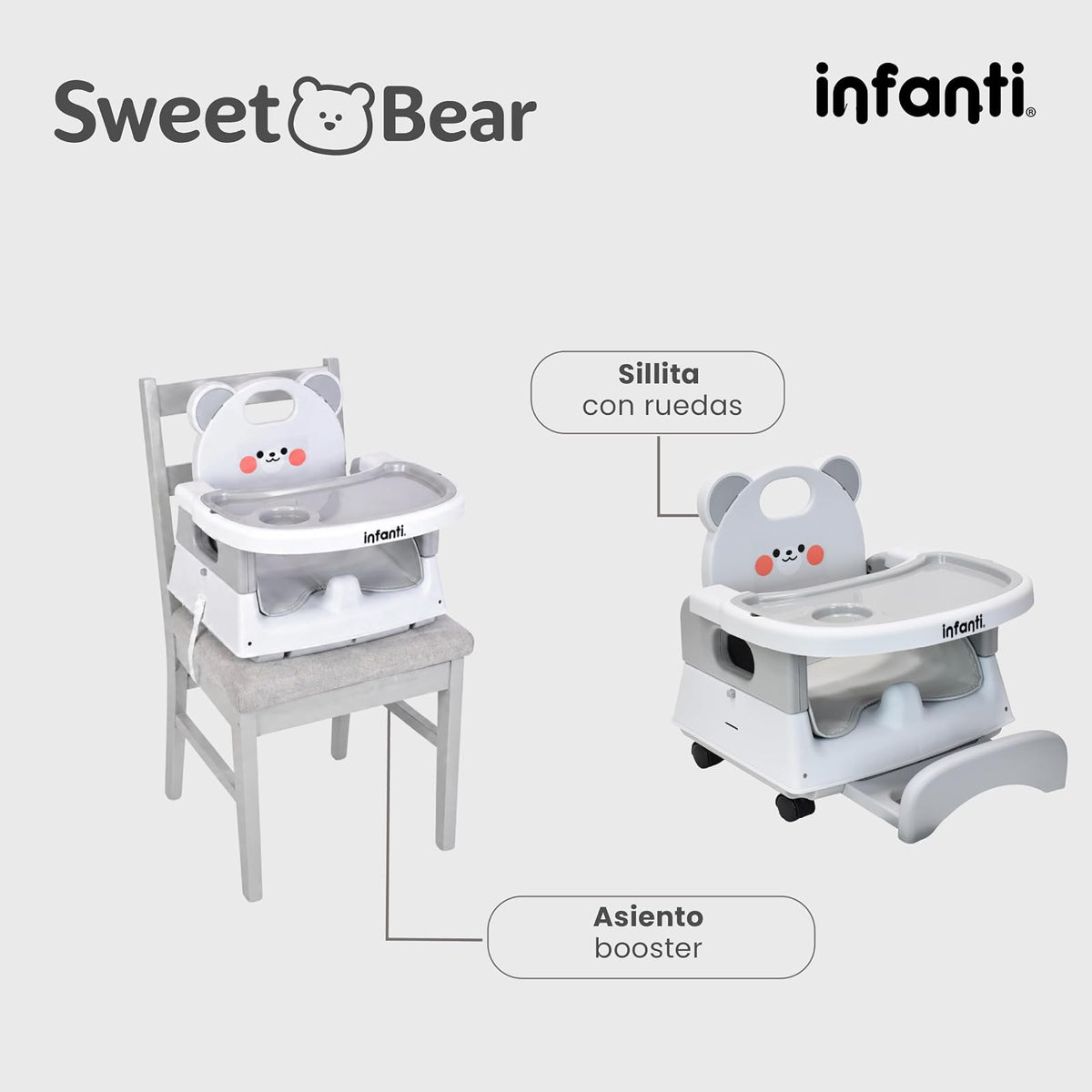 Infanti, Silla 4 En 1 Arnes De 5 Puntos Ligera Práctica Y Plegable Sweet Bear Gris