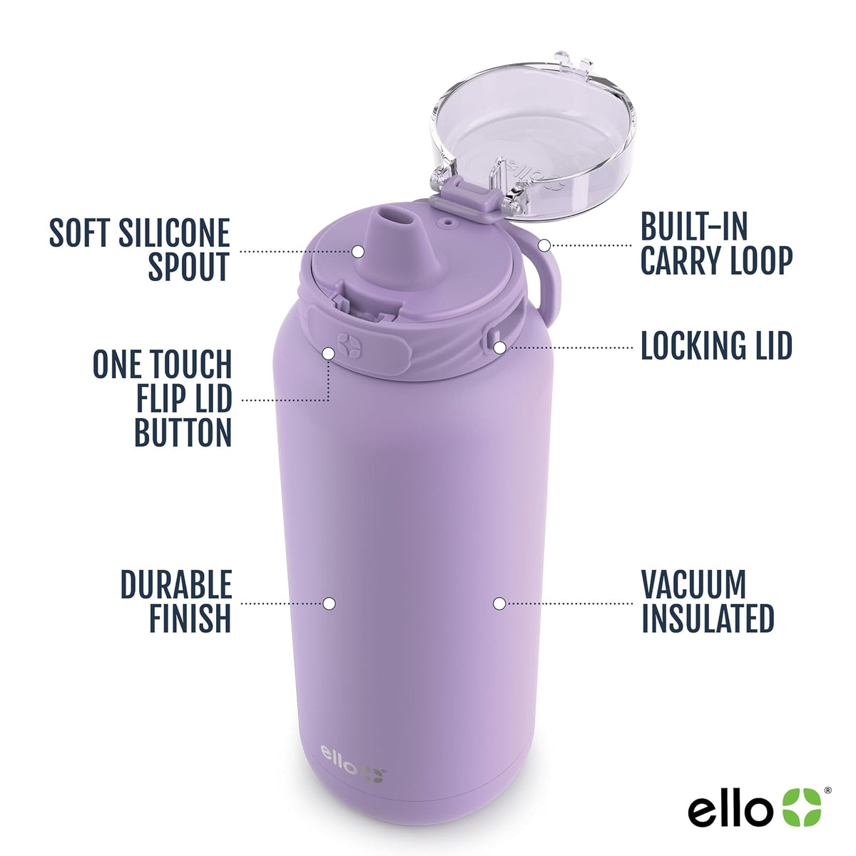 Ello Cooper - Botella de agua de acero inoxidable de 40 onzas con popote y asa de transporte, doble pared y aislamiento al aspiradora, tapa de bloqueo a prueba de fugas con boquilla de silicona suave,