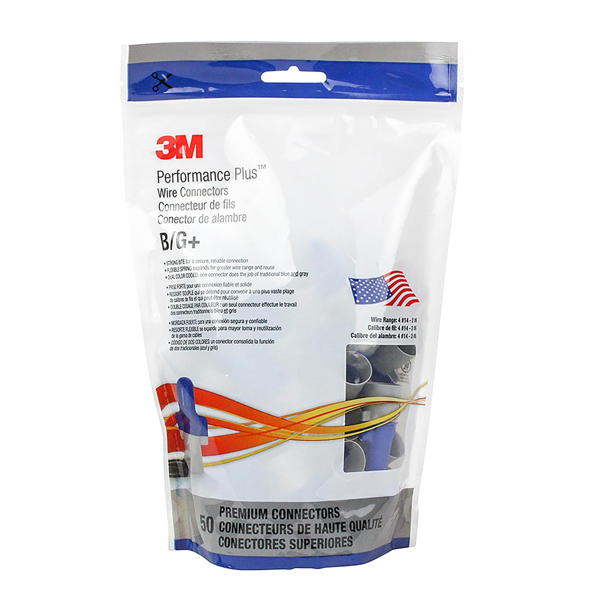 Conector de cable 3M Performance Plus, conectores de resorte de acero flexible, 14-6 AWG, color azul y gris (B/G+), bolsa de 50