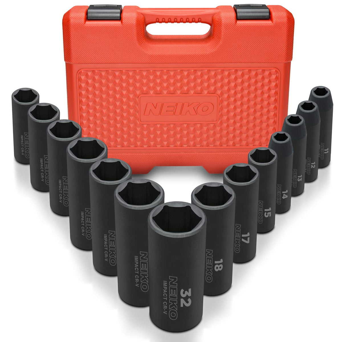Neiko 02475A Juego de llaves de impacto profundo de 1/2", 14 piezas, tamaños métricos de 6 puntos (11-32 mm) | acero Cr-V - Metric - Profundo
