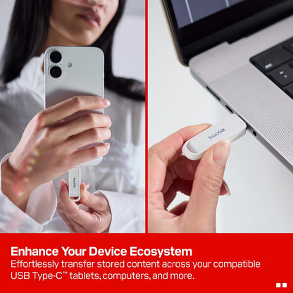 SanDisk - Unidad de teléfono de 256 GB con USB Tipo C - para Smartphones, tabletas y Computadoras - hasta 150 MB/s, USB 3.2 Gen 1 - Blanco ártico - SDIXS0N-256G-GN6NE