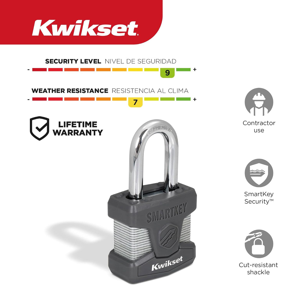 Kwikset SmartKey - Candado de acero laminado con llave con grillete de carburo de boro, puerta exterior y cerradura de almacenamiento, cuerpo de 2 pulgadas, grillete de 1-1/2 pulgadas, paquete de 2