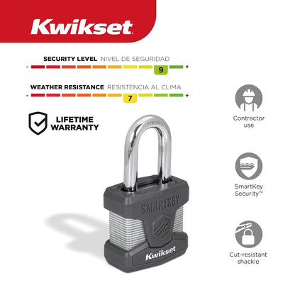 Kwikset SmartKey - Candado de acero laminado con llave con grillete de carburo de boro, puerta exterior y cerradura de almacenamiento, cuerpo de 2 pulgadas, grillete de 1-1/2 pulgadas, paquete de 2
