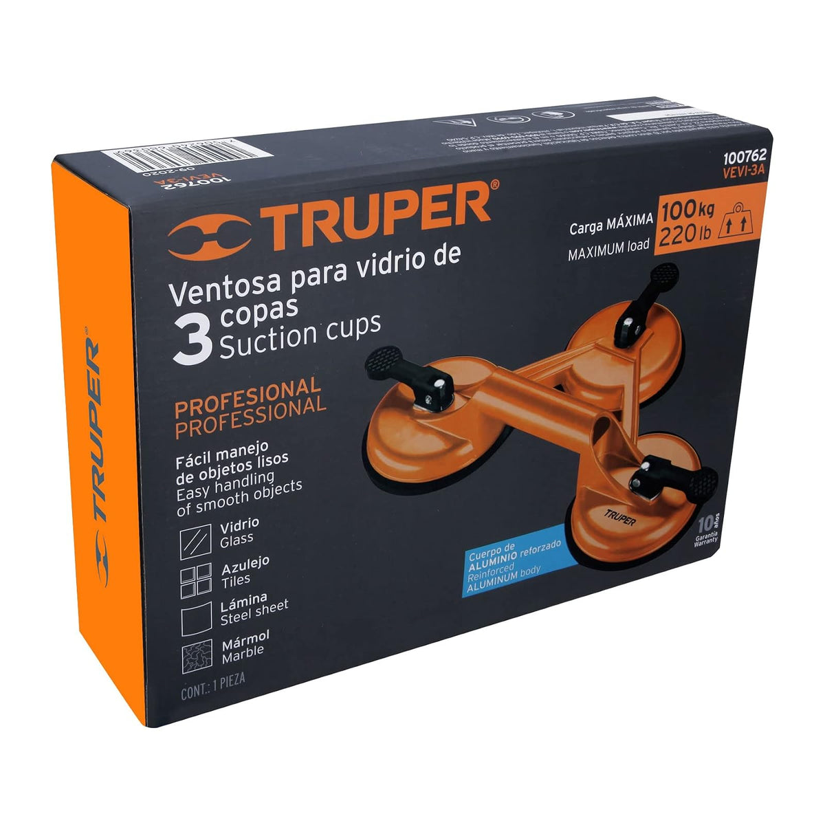 Truper VEVI-3A, Ventosa de aluminio para vidrio, 3 copas
