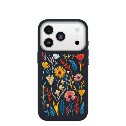 OtterBox - Funda de Piel Bordado para iPhone 17 Pro Symmetry Series | Funda para iPhone MagSafe con diseño bordado de jardín encantado azul, texturizado, bordado floral artístico