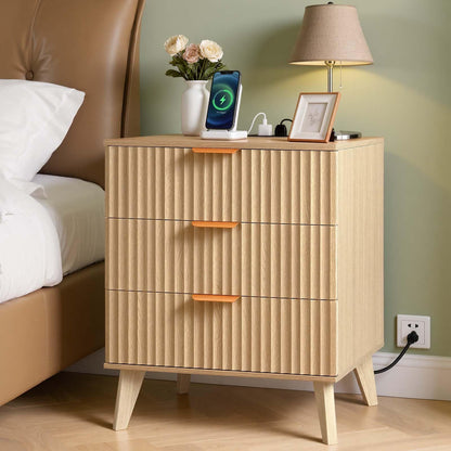 VEVOR Mesita de Noche Acanalada con estación de Carga, 3 cajones, cómoda para Dormitorio, Mesa Auxiliar Moderna de Mediados de Siglo, mesita de Noche, Mueble de Almacenamiento, cómoda, Color Caqui