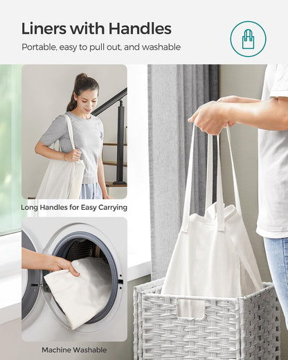 SONGMICS Cesto de lavandería con tapa, tela a mano, de polirratán, plegable, con asas y bolsa de forro extraíble, color blanco ULCB165W01