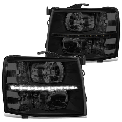 DNA Motoring Par de Faros LED DRL Ahumado Transparente Negro para Chevy Silverado 2007-2014 - LED-Black Smoke