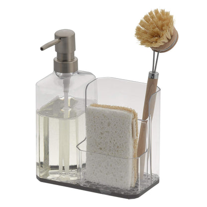 Spectrum Diversified Hexa Sponge & Brush Kitchen Organizer with Refillable Soap Pump, Sponge & Dish, Easy-Clean Sink Organization & Dish Brush Holder with Removable Base, Clear/Gray